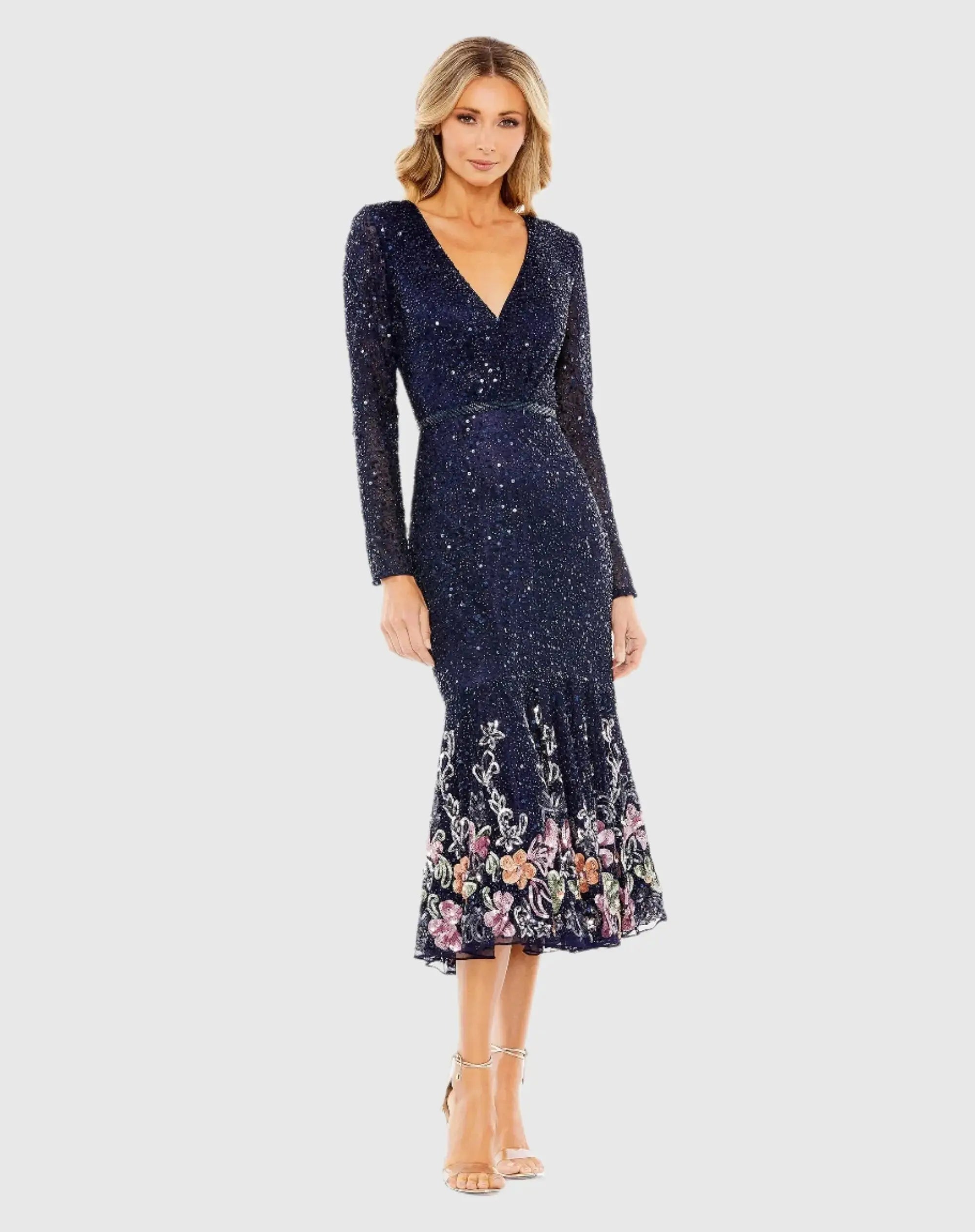 Long Sleeve Faux Wrap Embellished Tea Length Dress - Image 2