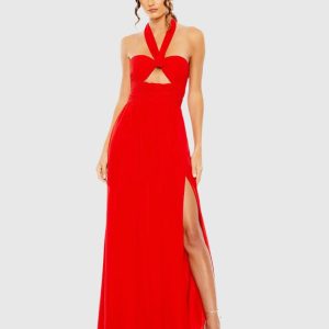 Red Ruched Halter Strap Keyhole Chiffon Gown