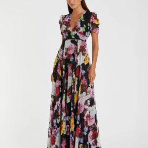 Black Floral Print Mesh Short Sleeve Gown