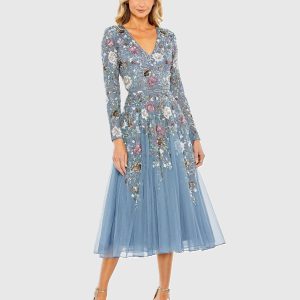 Blue Hand Embellished Floral V-Neck Long Sleeve Dress