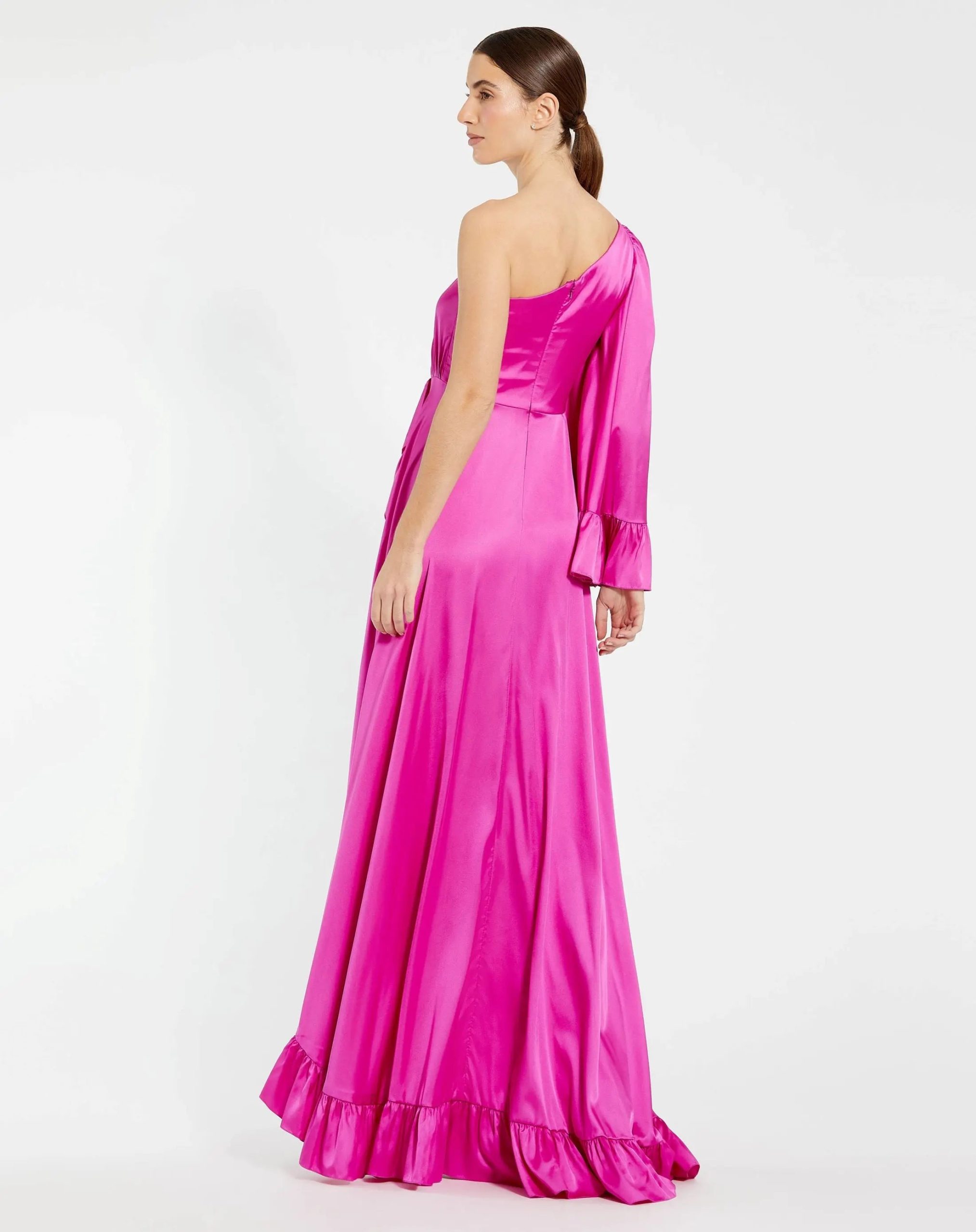 Pink Long One Sleeve Asymmetrical Ruffle Hem Gown - Image 3