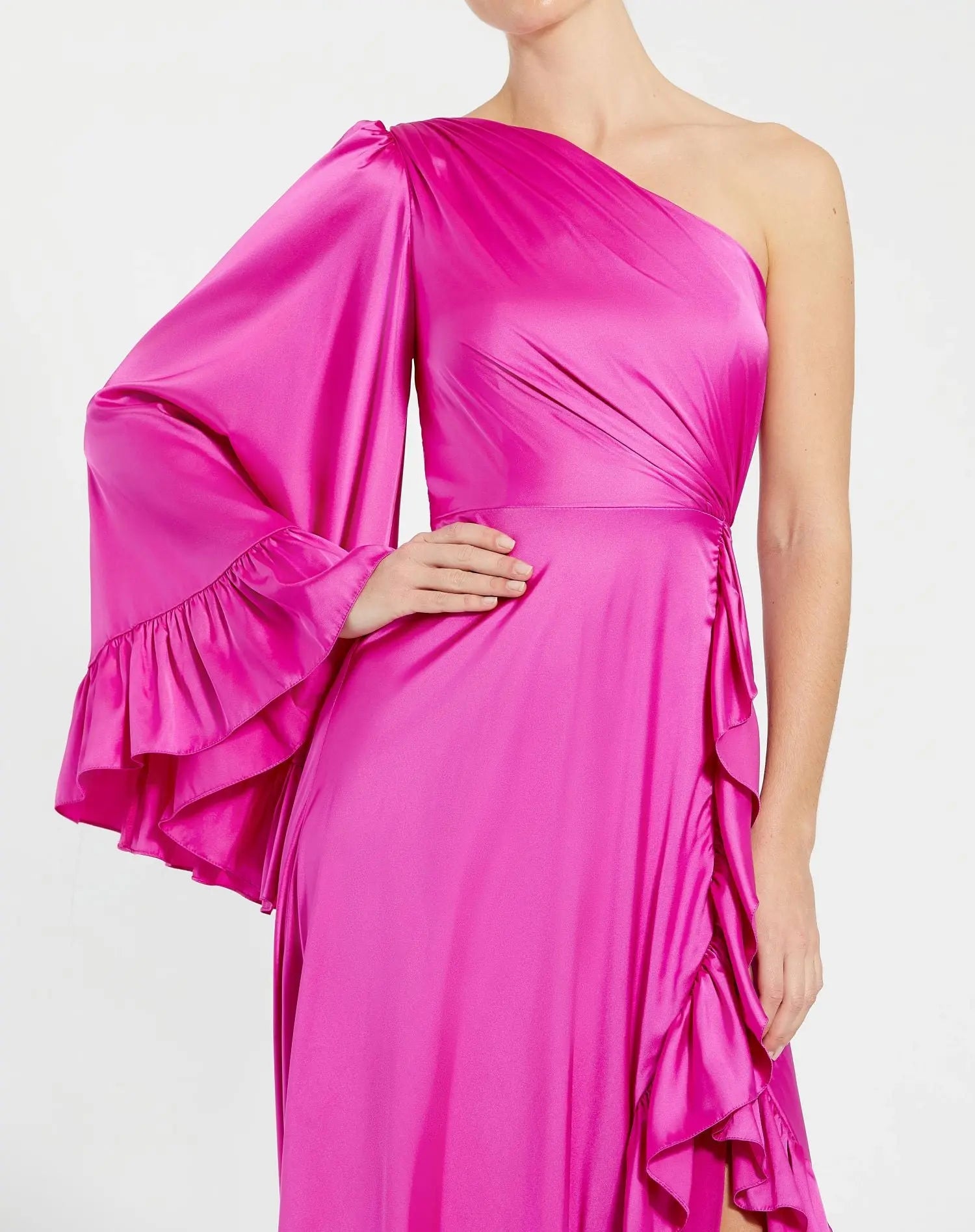 Pink Long One Sleeve Asymmetrical Ruffle Hem Gown - Image 2