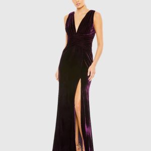 Purple Sleeveless Plunge Neck Pleated Velvet Gown