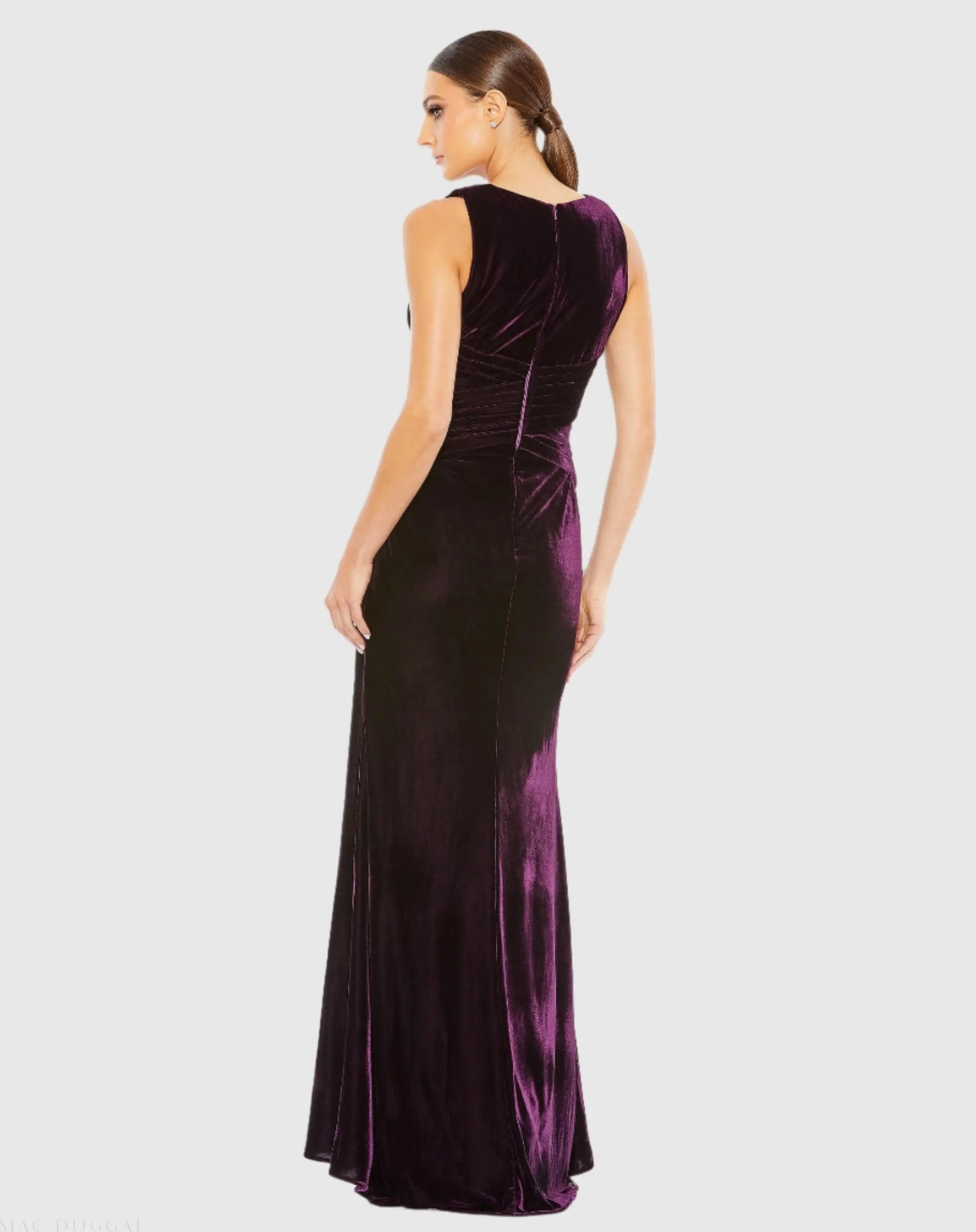 Purple Sleeveless Plunge Neck Pleated Velvet Gown - Image 3