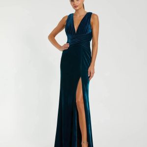 Blue Sleeveless Plunge Neck Pleated Velvet Gown