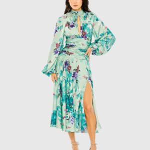 Green Keyhole Satin Long Sleeve Floral Dress