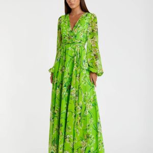 Green Puff Sleeve Floral Chiffon Gown
