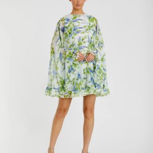 Multicolor Floral Print High Neck Ruffle Hem Cape Mini Dress