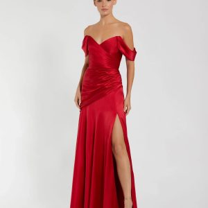 Red Satin Off The Shoulder Crossover Gown