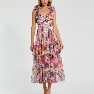 White Floral Chiffon Ruffle Tiered Cut-Out Midi Dress