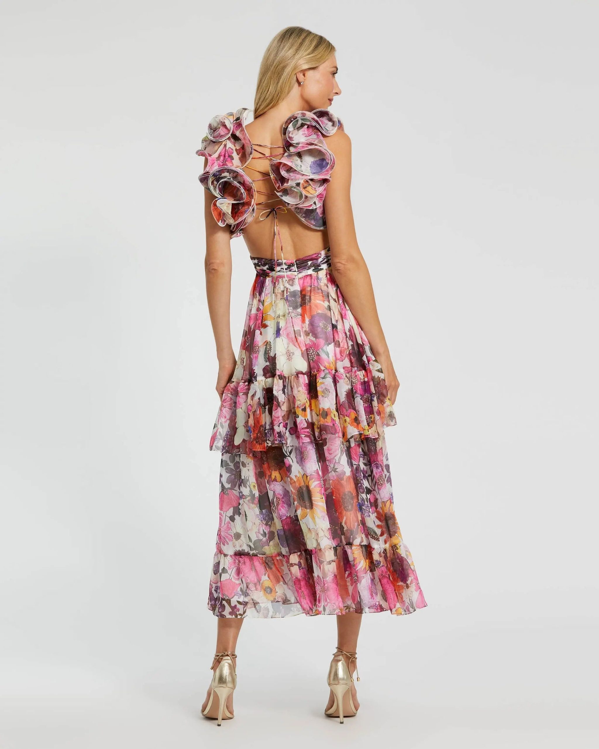 White Floral Chiffon Ruffle Tiered Cut-Out Midi Dress - Image 3