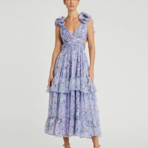 Purple Ruffle Tiered Floral Chiffon Midi Dress