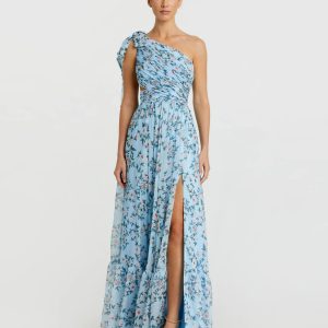Blue Floral Chiffon One Shoulder Gown
