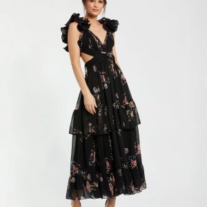 Black Ruffle Tiered Cut-Out Floral Print Chiffon Dress