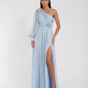 Blue One Sleeve A-Line Chiffon Gown With 3D Flowers