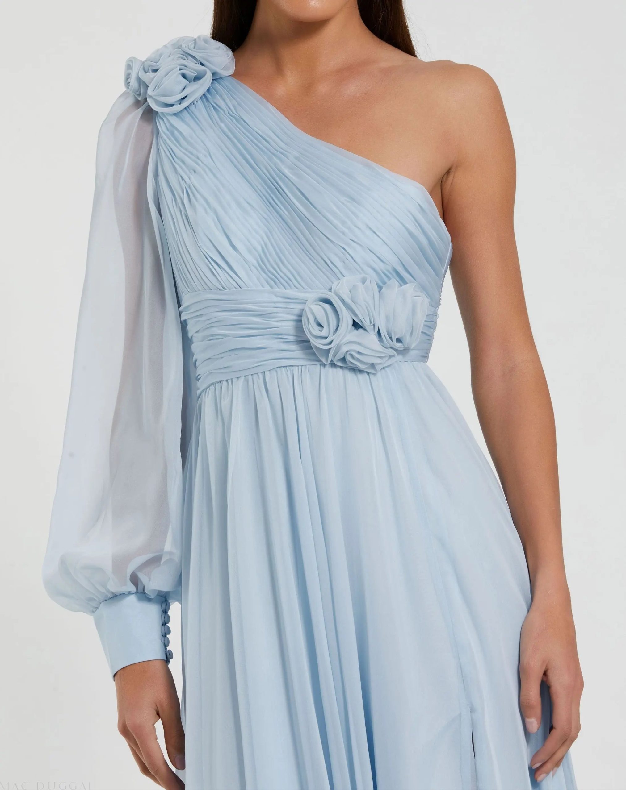 Blue One Sleeve A-Line Chiffon Gown With 3D Flowers - Image 2