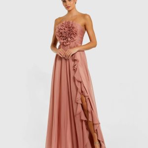Pink Strapless Chiffon Gown With Oversized 3D Flower