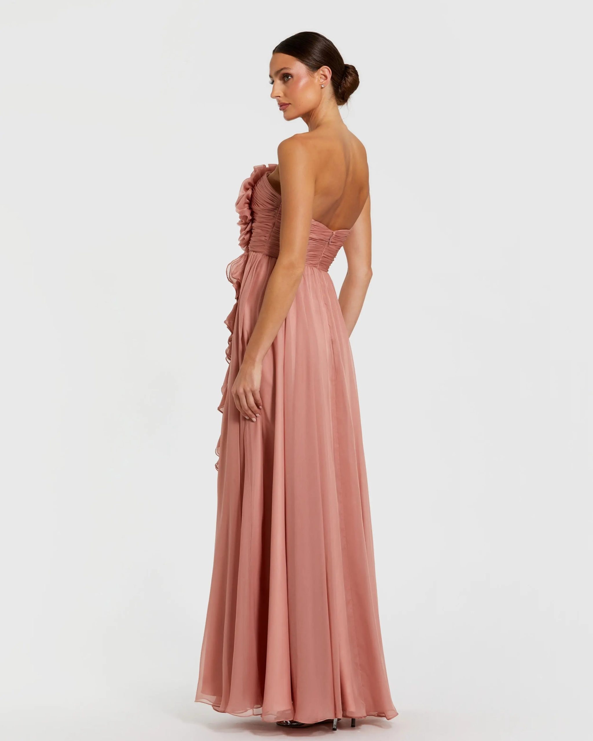 Pink Strapless Chiffon Gown With Oversized 3D Flower - Image 3