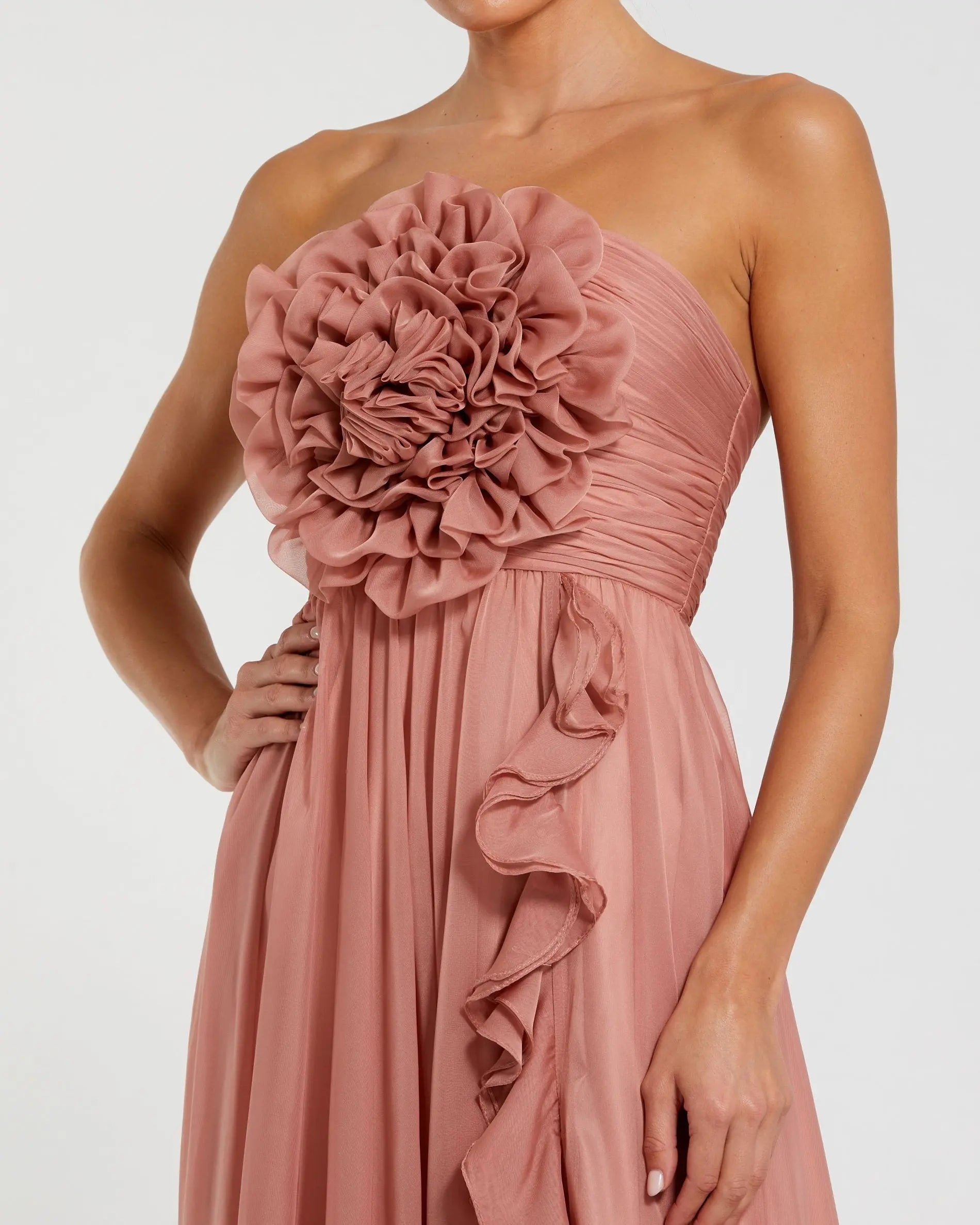 Pink Strapless Chiffon Gown With Oversized 3D Flower - Image 2