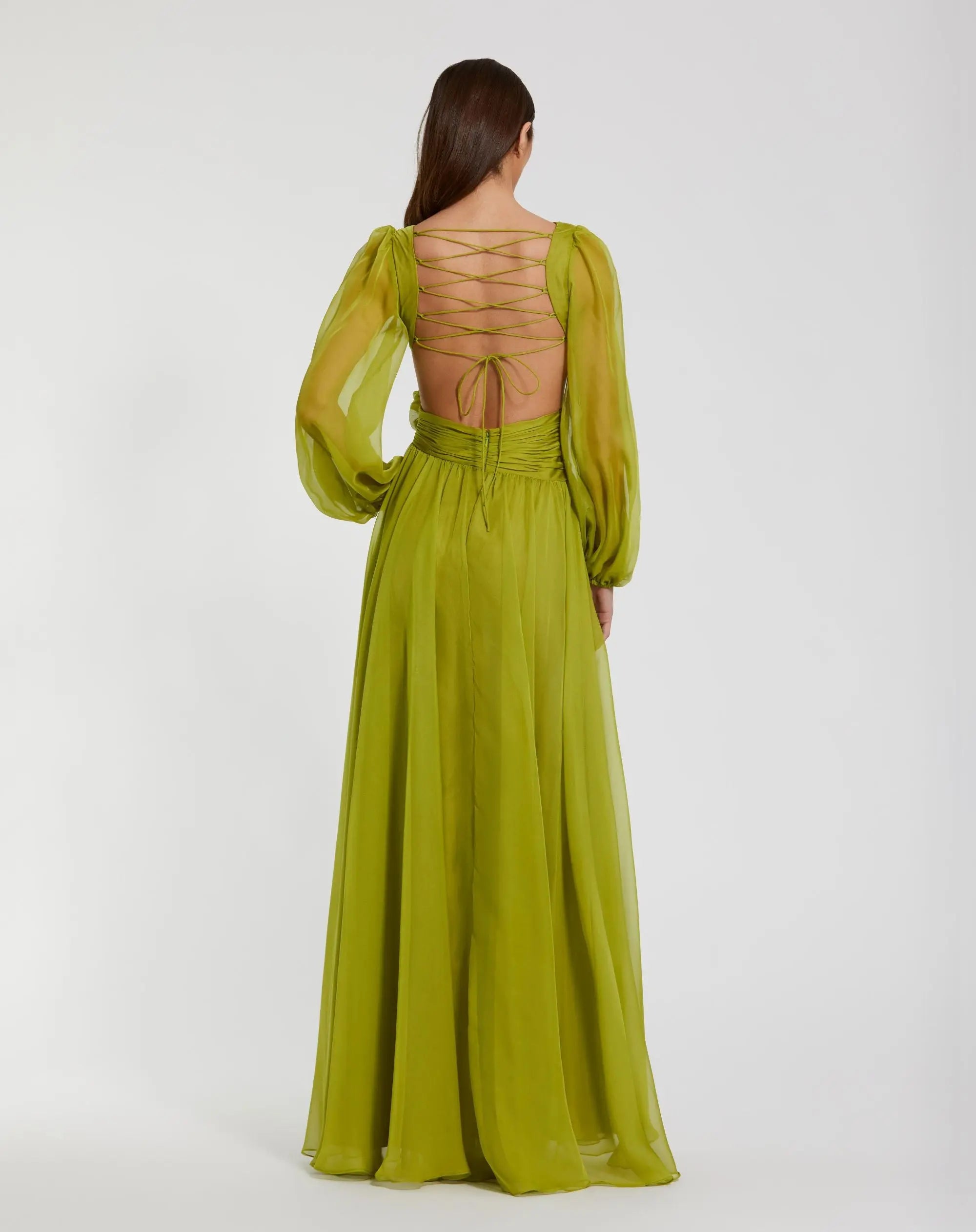 Green Long Sleeve V-Neck Chiffon Gown With 3D Flower - Image 2