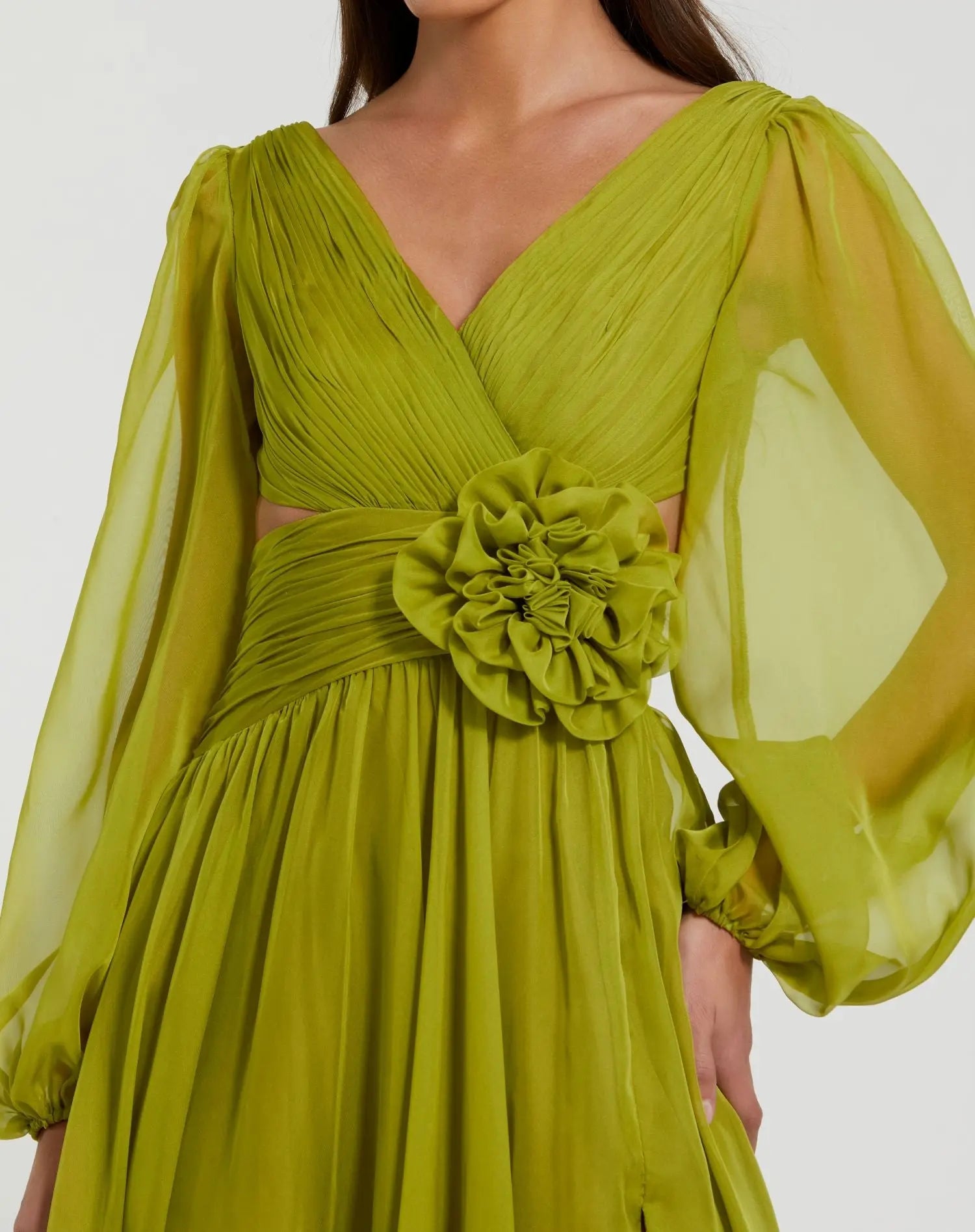 Green Long Sleeve V-Neck Chiffon Gown With 3D Flower - Image 3