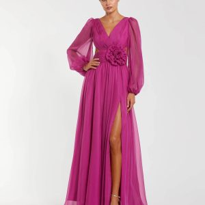 Pink Long Sleeve V-Neck Chiffon Gown With 3D Flower