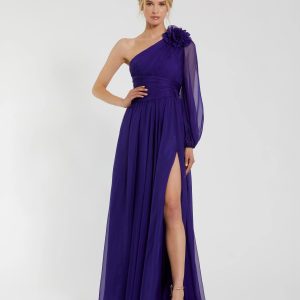 Purple One Sleeve Ruched Chiffon Gown With 3D Flower