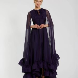 Purple Chiffon Cape Sleeve Ankle-Length Dress With Keyhole