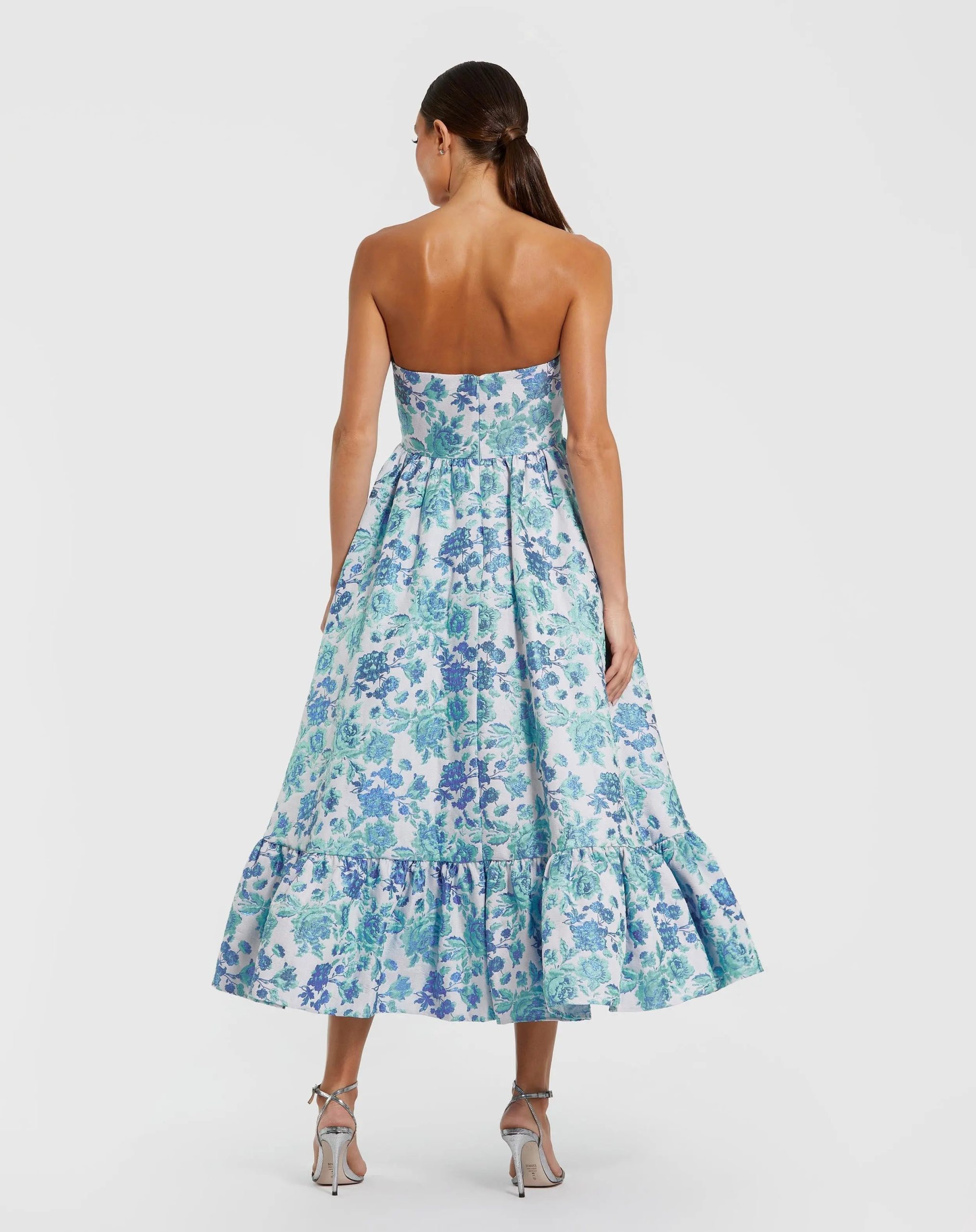 Blue Floral Brocade Strapless A Line Midi Dress - Image 3