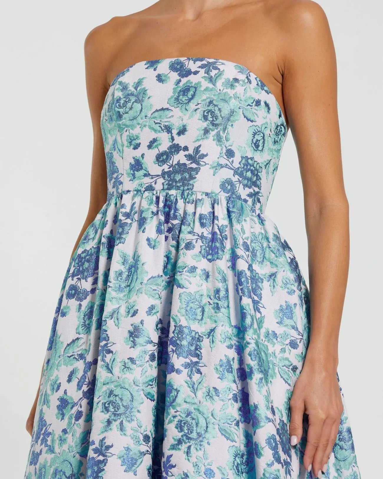 Blue Floral Brocade Strapless A Line Midi Dress - Image 2