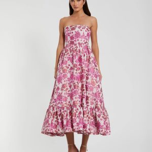 Pink Floral Brocade Strapless A Line Midi Dress