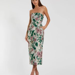 Multicolor Floral Brocade Strapless Fitted Midi Dress