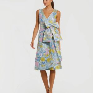 Blue Floral Brocade Sleeveless Midi Dress With Bow