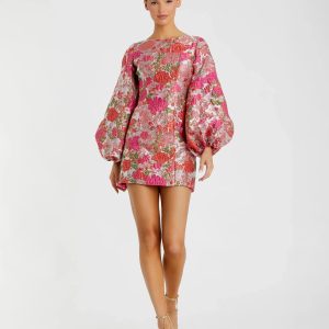 Pink Floral Brocade Balloon Sleeve Mini Dress
