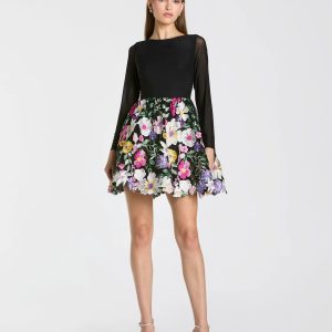 Black Long Sleeve Mini Dress With Floral Embroidery