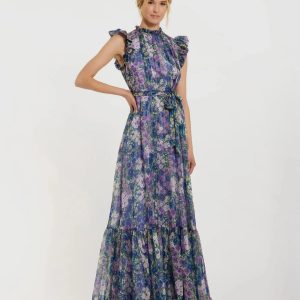 Purple Floral Chiffon Cap Sleeve Gown