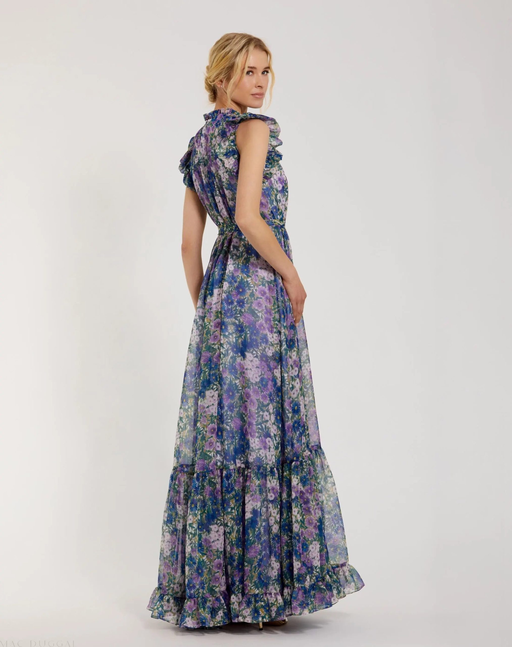 Purple Floral Chiffon Cap Sleeve Gown - Image 3
