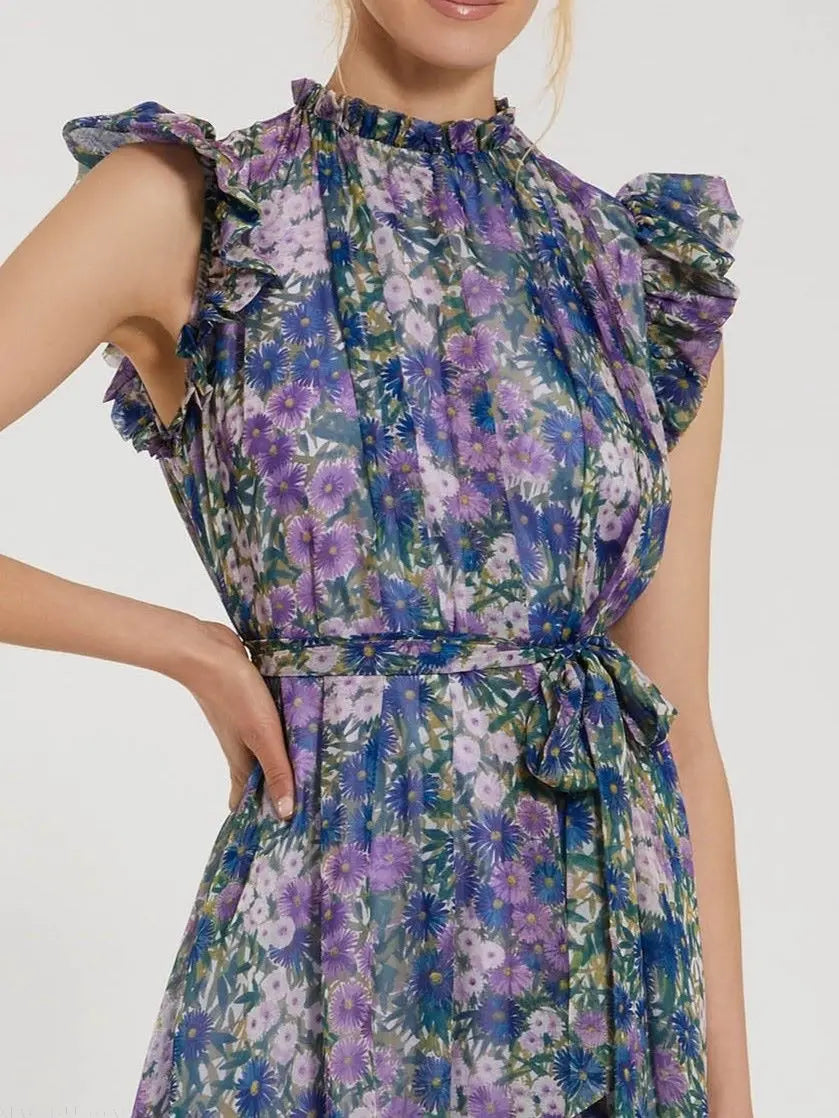 Purple Floral Chiffon Cap Sleeve Gown - Image 2