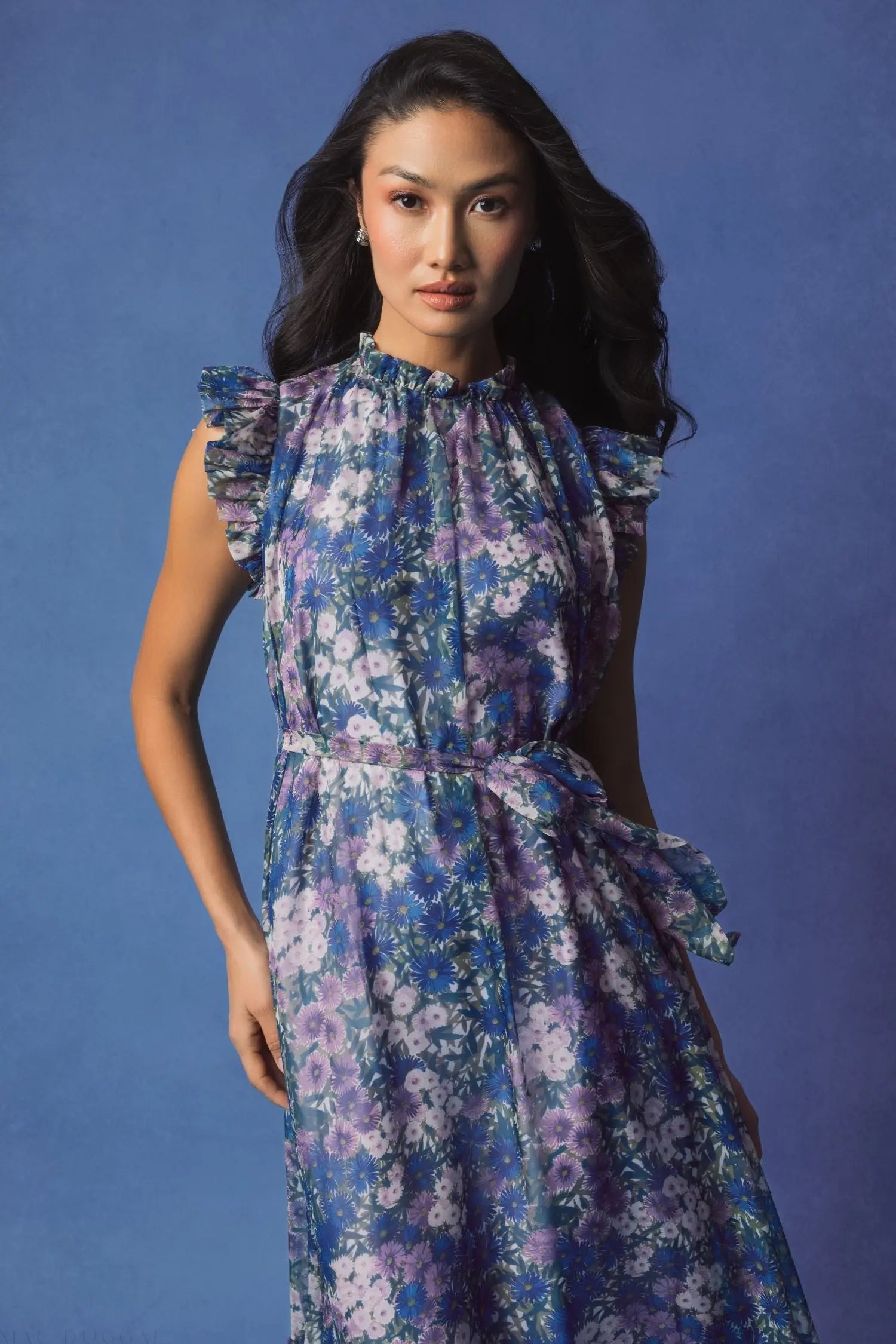 Purple Floral Chiffon Cap Sleeve Gown - Image 6