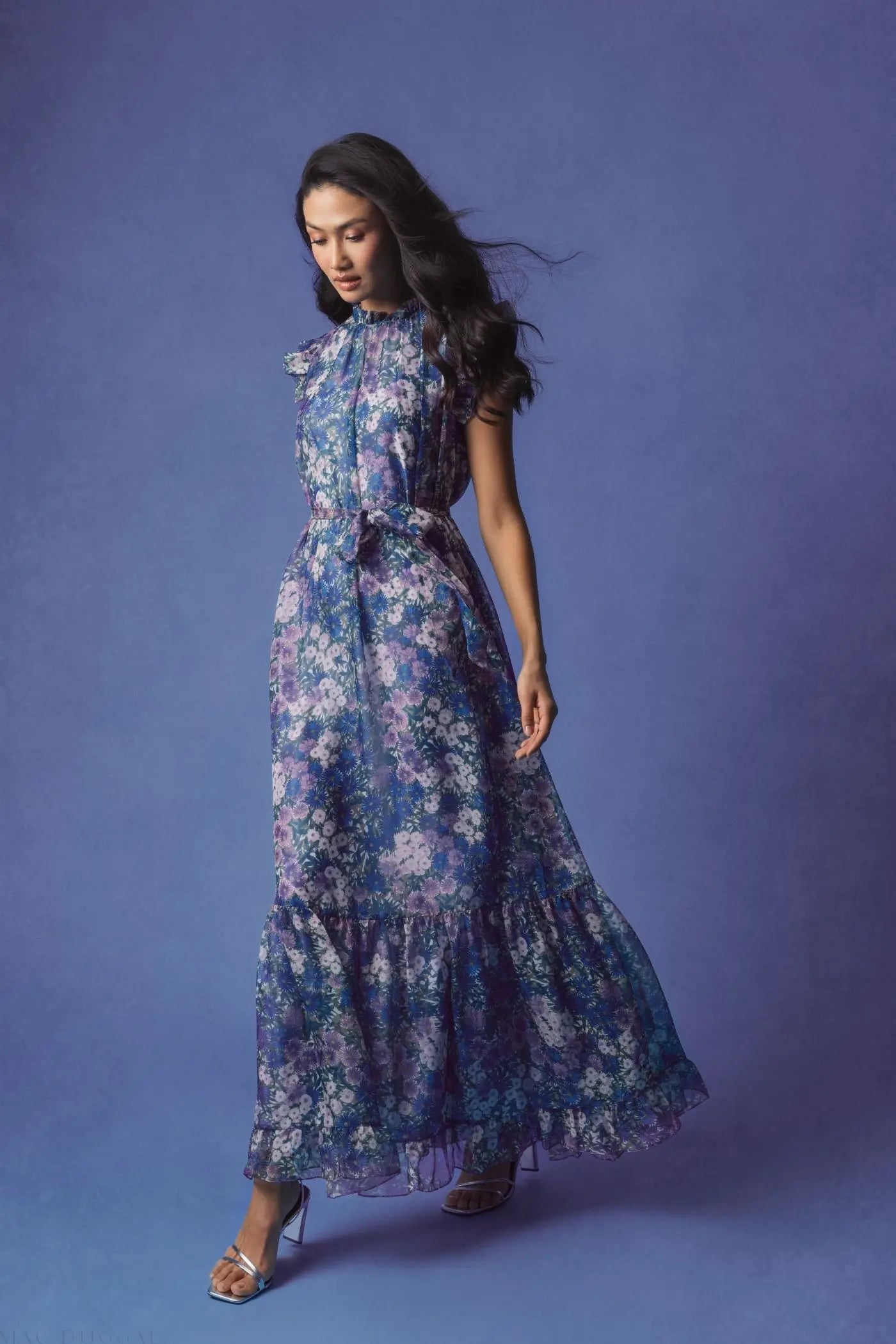 Purple Floral Chiffon Cap Sleeve Gown - Image 4