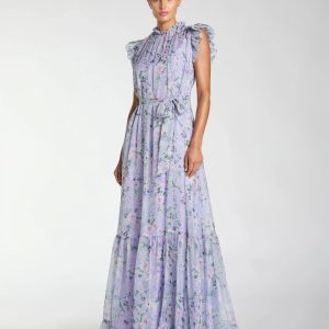 Light Purple Floral Chiffon Cap Sleeve Gown
