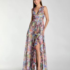 Multicolor Floral Chiffon Gown with Ruffle Slit