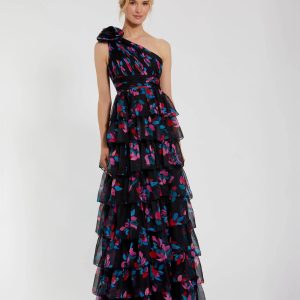 Black Floral Chiffon One Shoulder Tiered Ruffle Gown