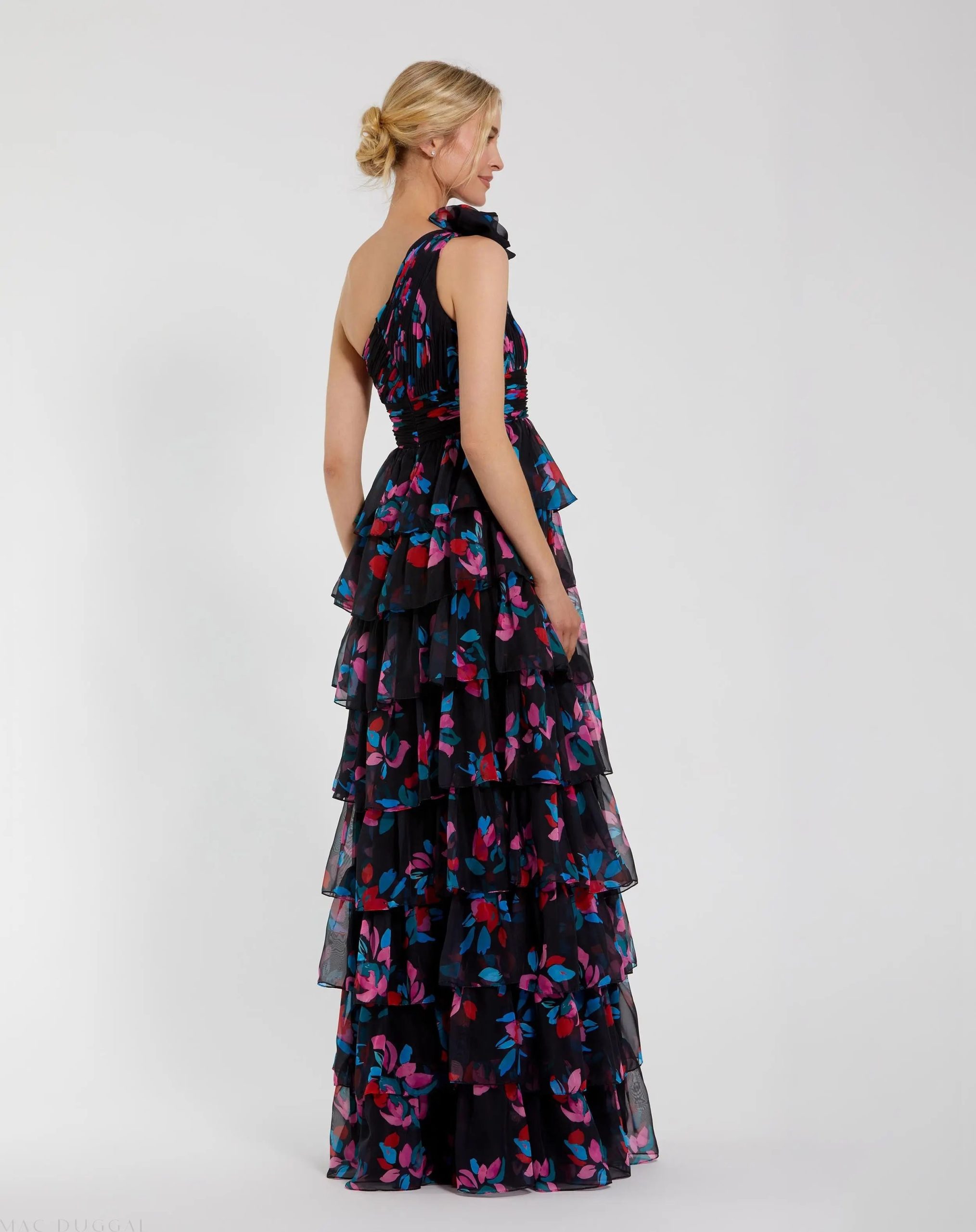 Black Floral Chiffon One Shoulder Tiered Ruffle Gown - Image 3