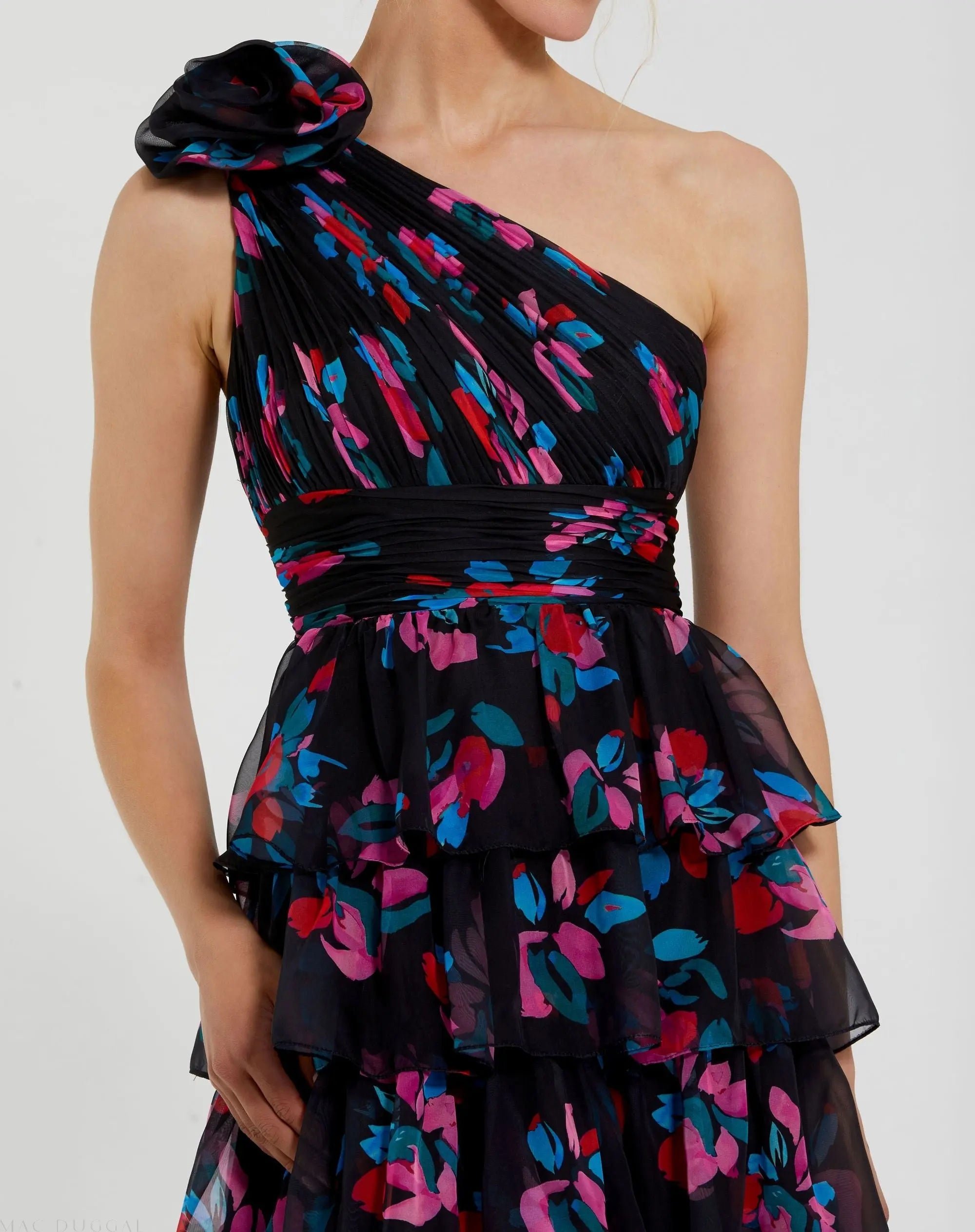 Black Floral Chiffon One Shoulder Tiered Ruffle Gown - Image 2