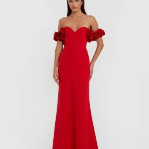 Red Crepe Off The Shoulder Gown With 3D Flowers