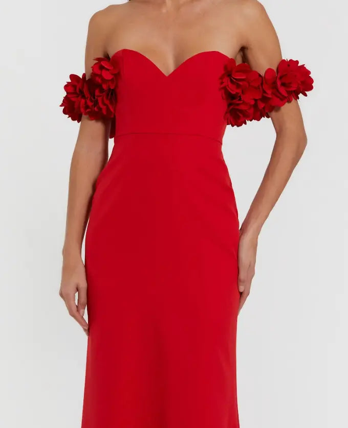 Red Crepe Off The Shoulder Gown With 3D Flowers - Image 2