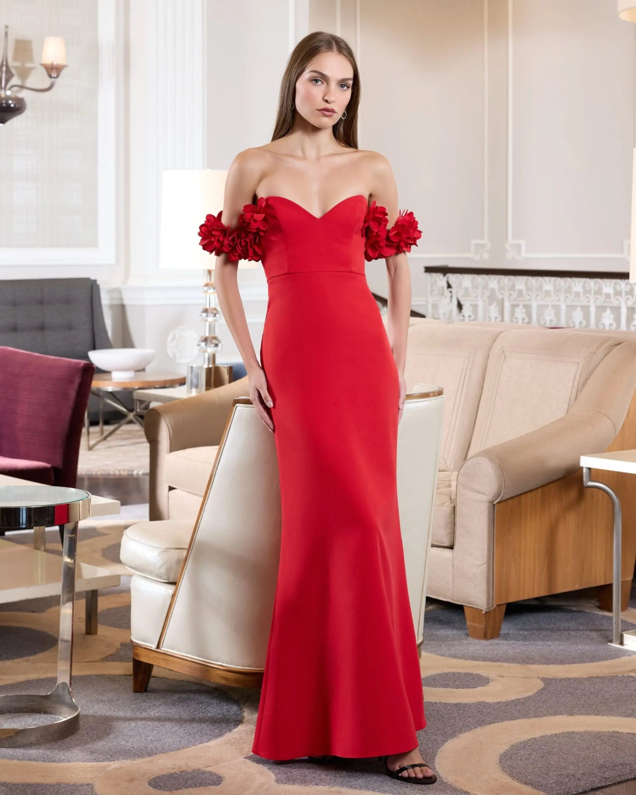 Red Crepe Off The Shoulder Gown With 3D Flowers - Image 6