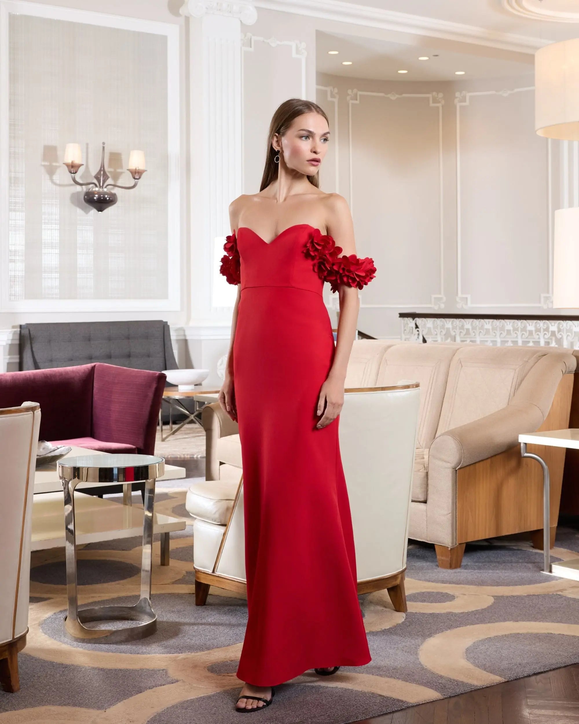 Red Crepe Off The Shoulder Gown With 3D Flowers - Image 4