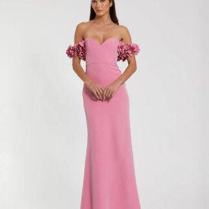 Pink Crepe Off The Shoulder Gown With 3D Flowers